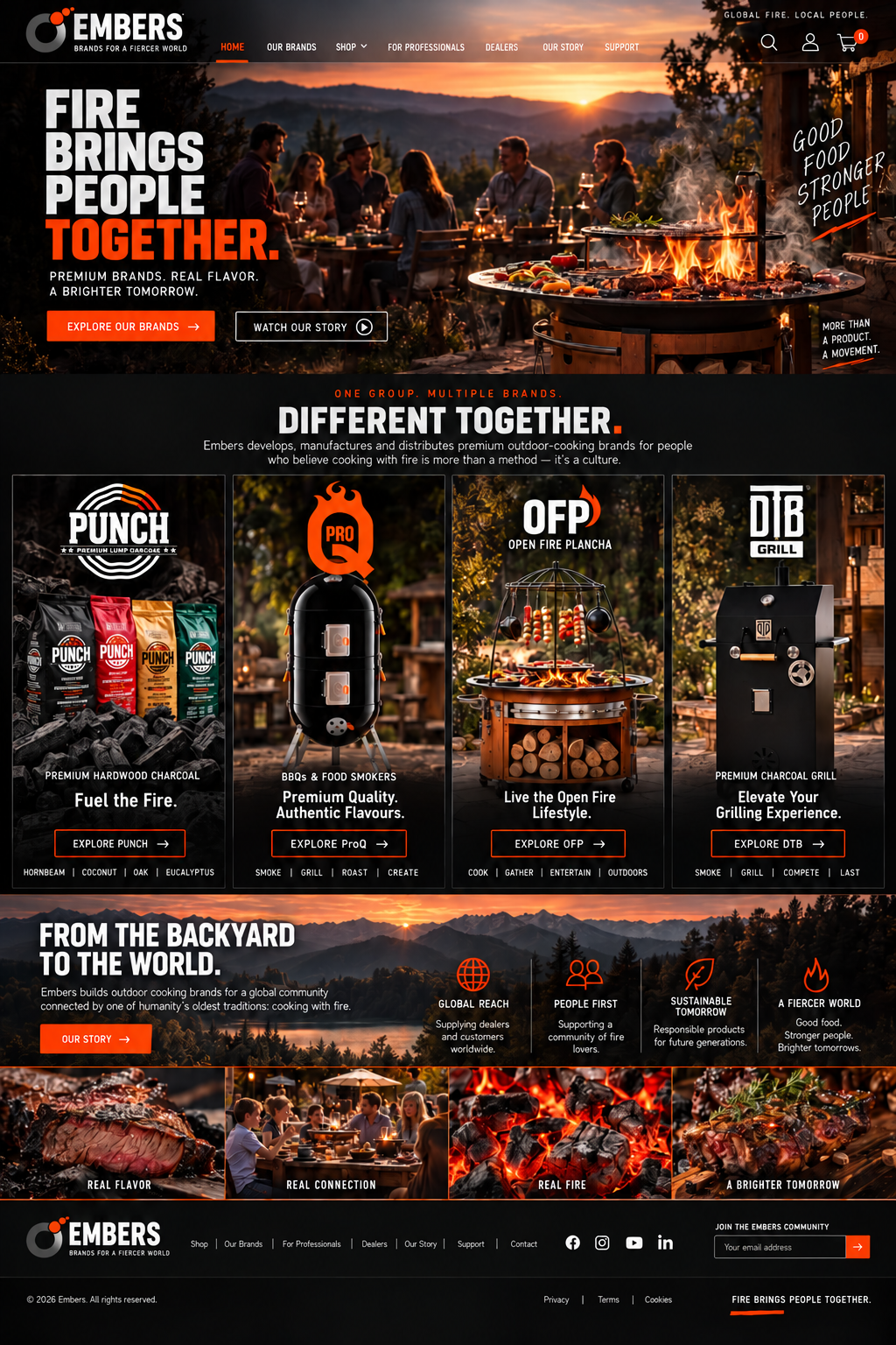 Embers outdoor cooking website concept, featuring a fireside gathering and brand collection
